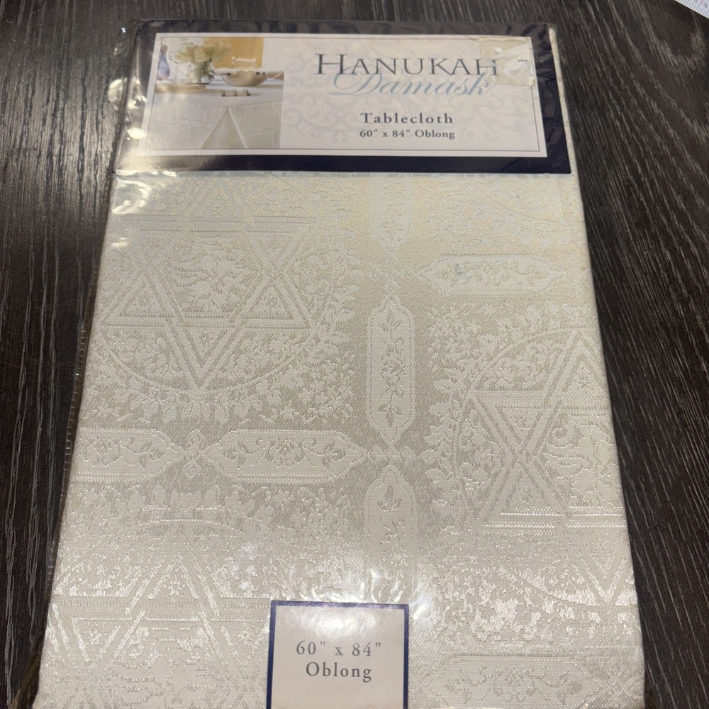 Hanukah Tablecloth Damask Oblong 60x 84‎ Grey Festival Of Lights